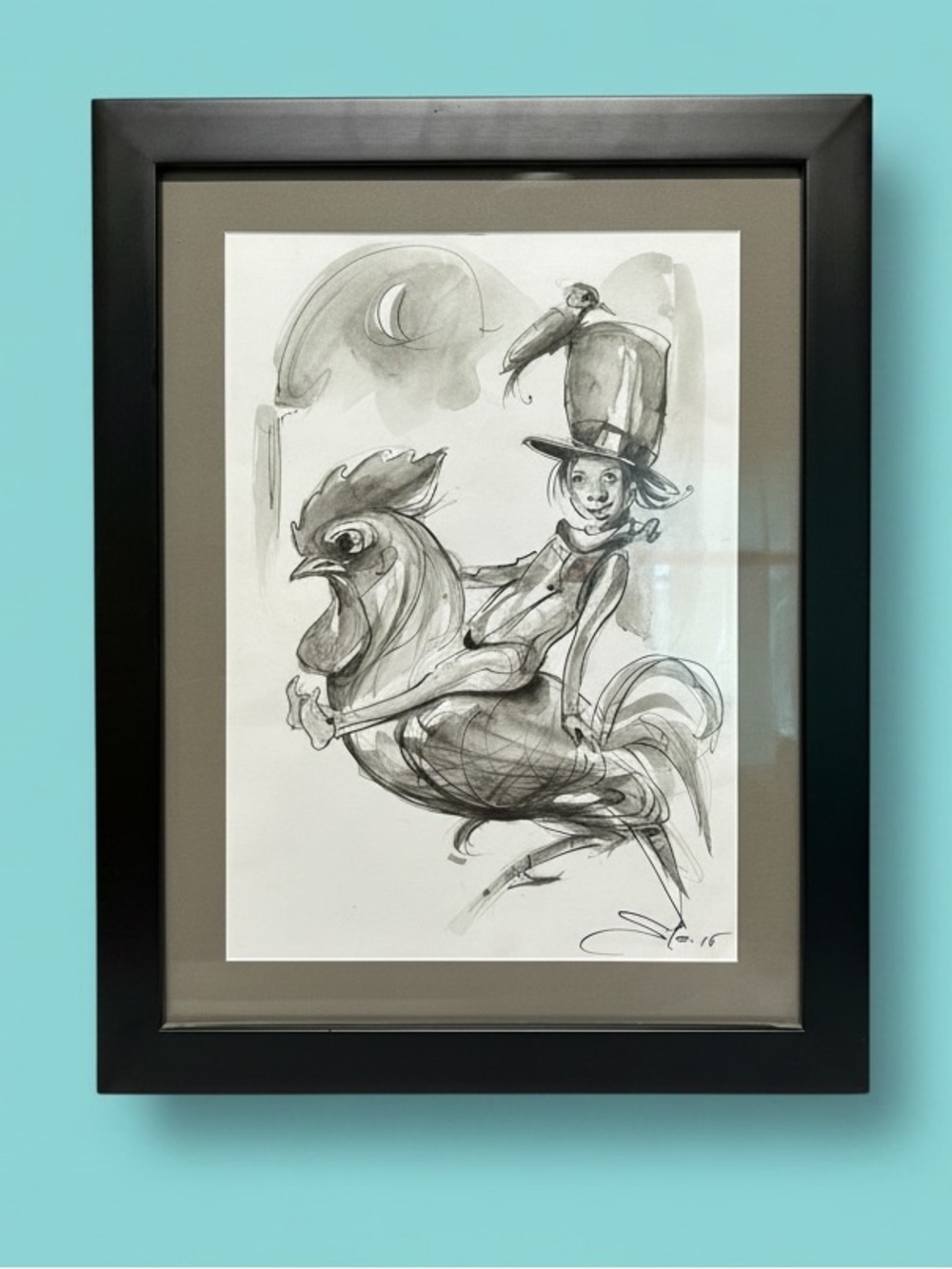 Quirky Original Ink Wash Art - Pixie Elf Riding Rooster Character Sketch